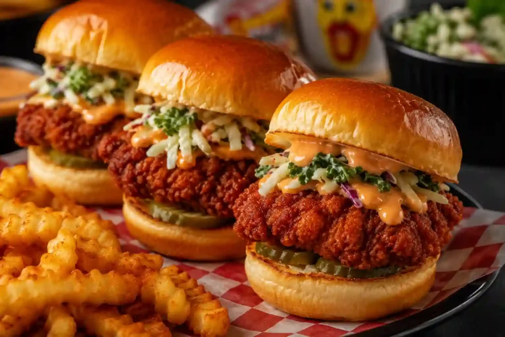 Crispy chicken sliders with fries in Dave's Hot Chicken