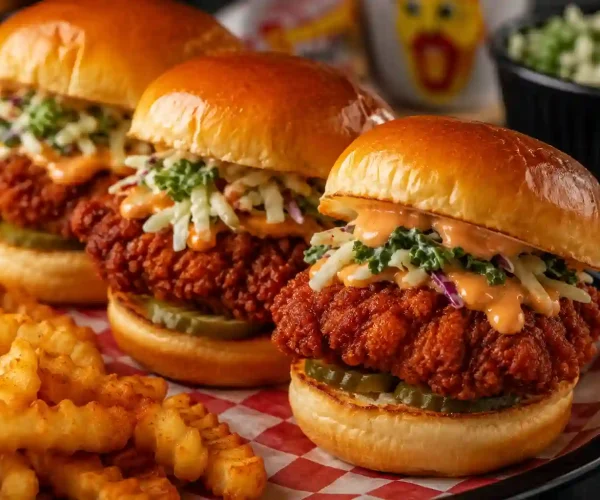 Crispy chicken sliders with fries in Dave's Hot Chicken